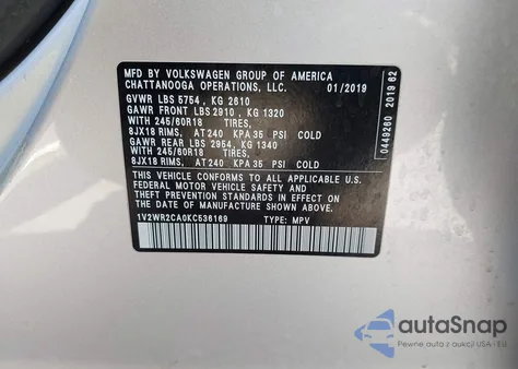 2019 Volkswagen Atlas 3.6L V6 Se W/Technology from USA, damaged, VIN 1V2WR2CA0KC536169